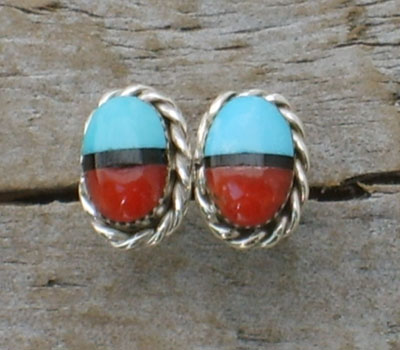 Native American Earrings Coral & Turquoise Oval